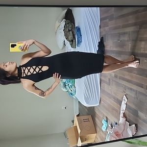 Black criss cross high neck body con dress